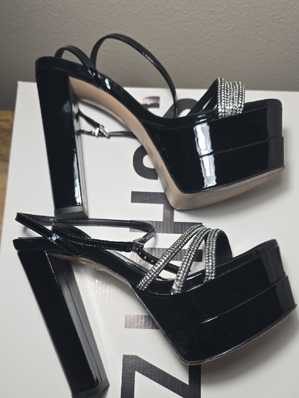 SCHUTZ Black Patent Platform Sandals with Crystal-Strap Accent